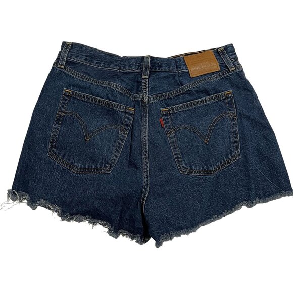 Levis Premium Ribcage Shorts Denim High-Waisted Frayed Hem Women's Blue Cotton C - Picture 2 of 10